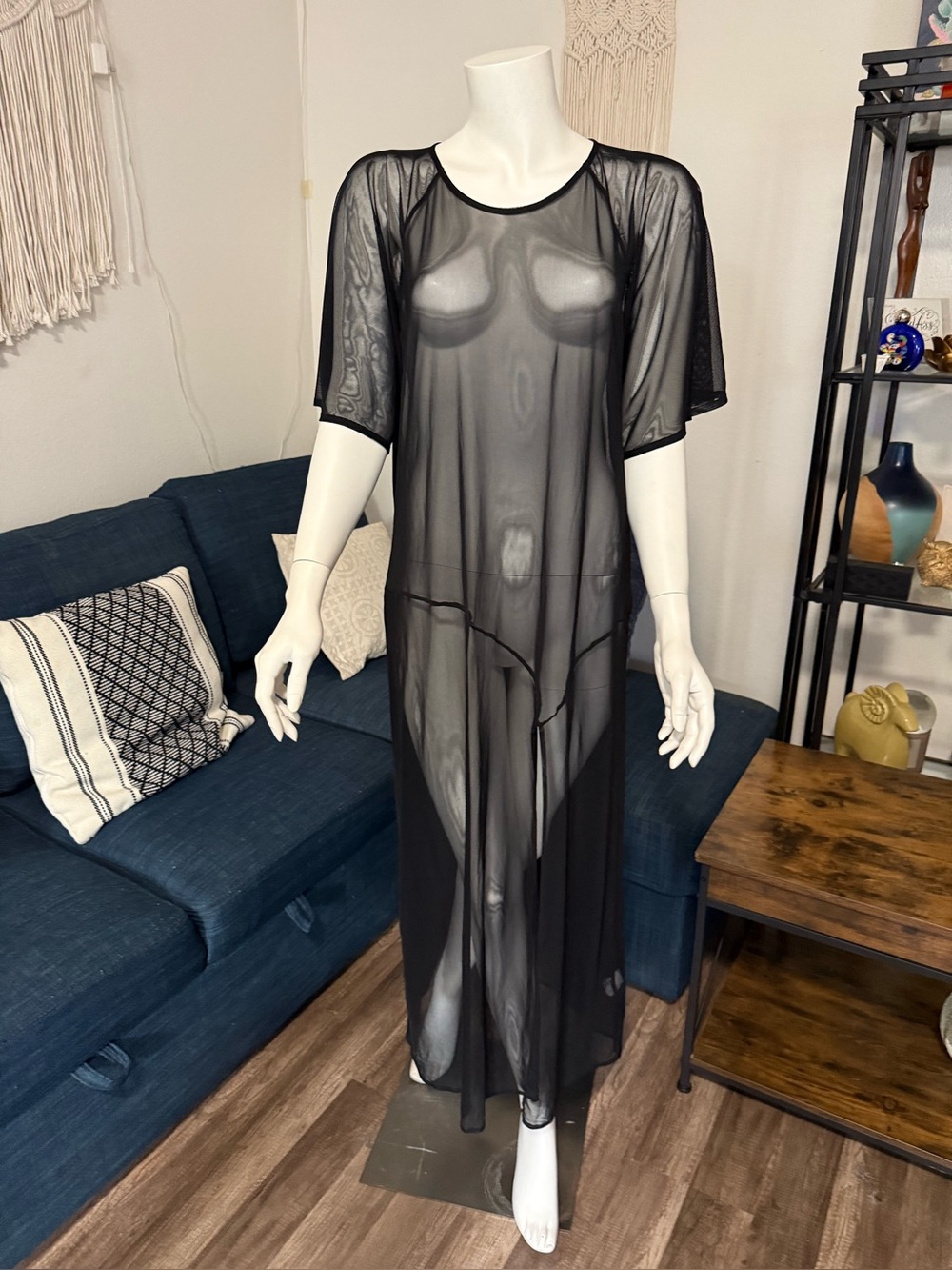 Zara black sheer midi overlay dress featuring short sleeves, a round neckline.